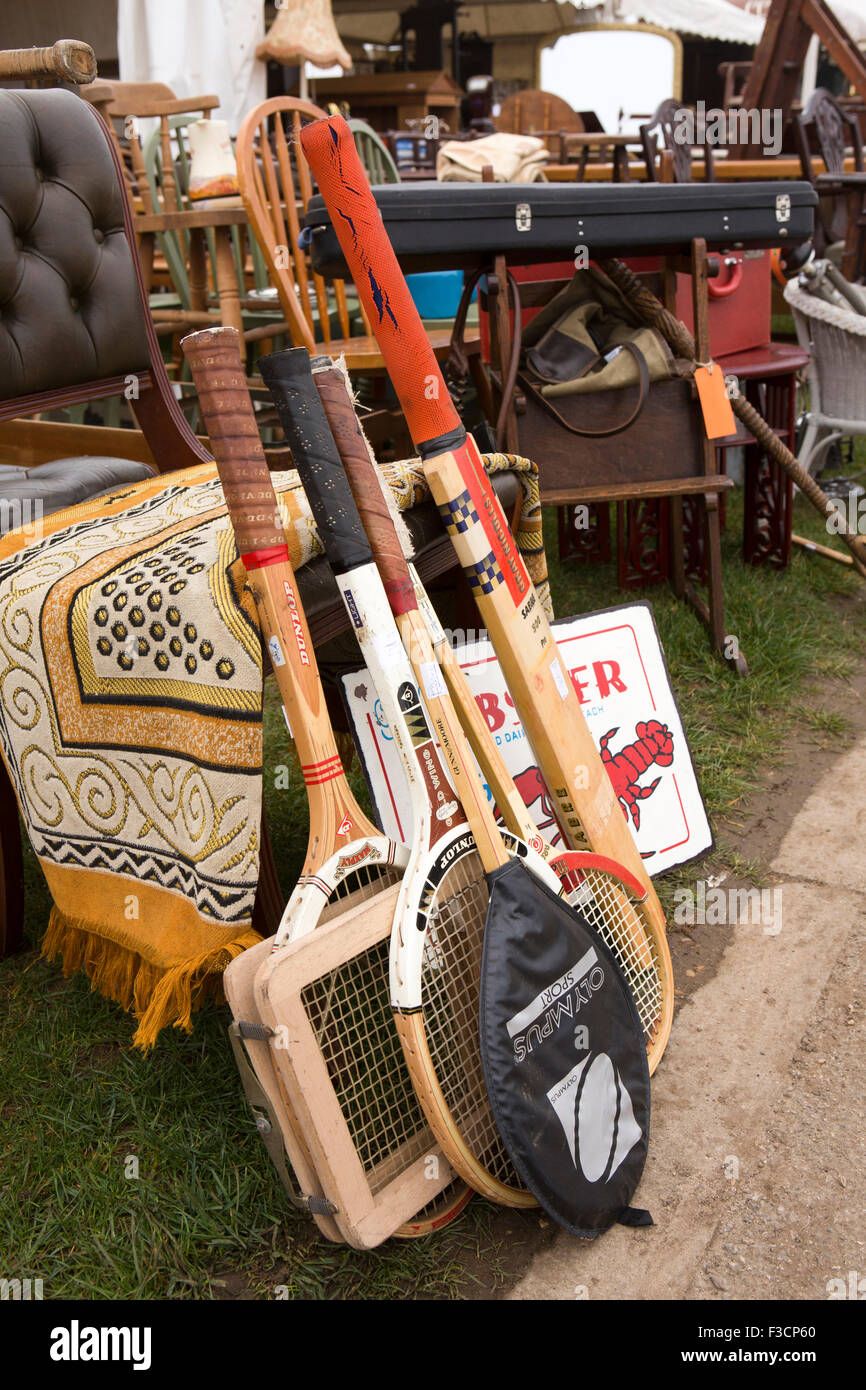 UK, England, Lincolnshire, Lincoln, Antiques Fair, 1970s Dunlop maxply tennis rackets and cricket bat displayed Stock Photo