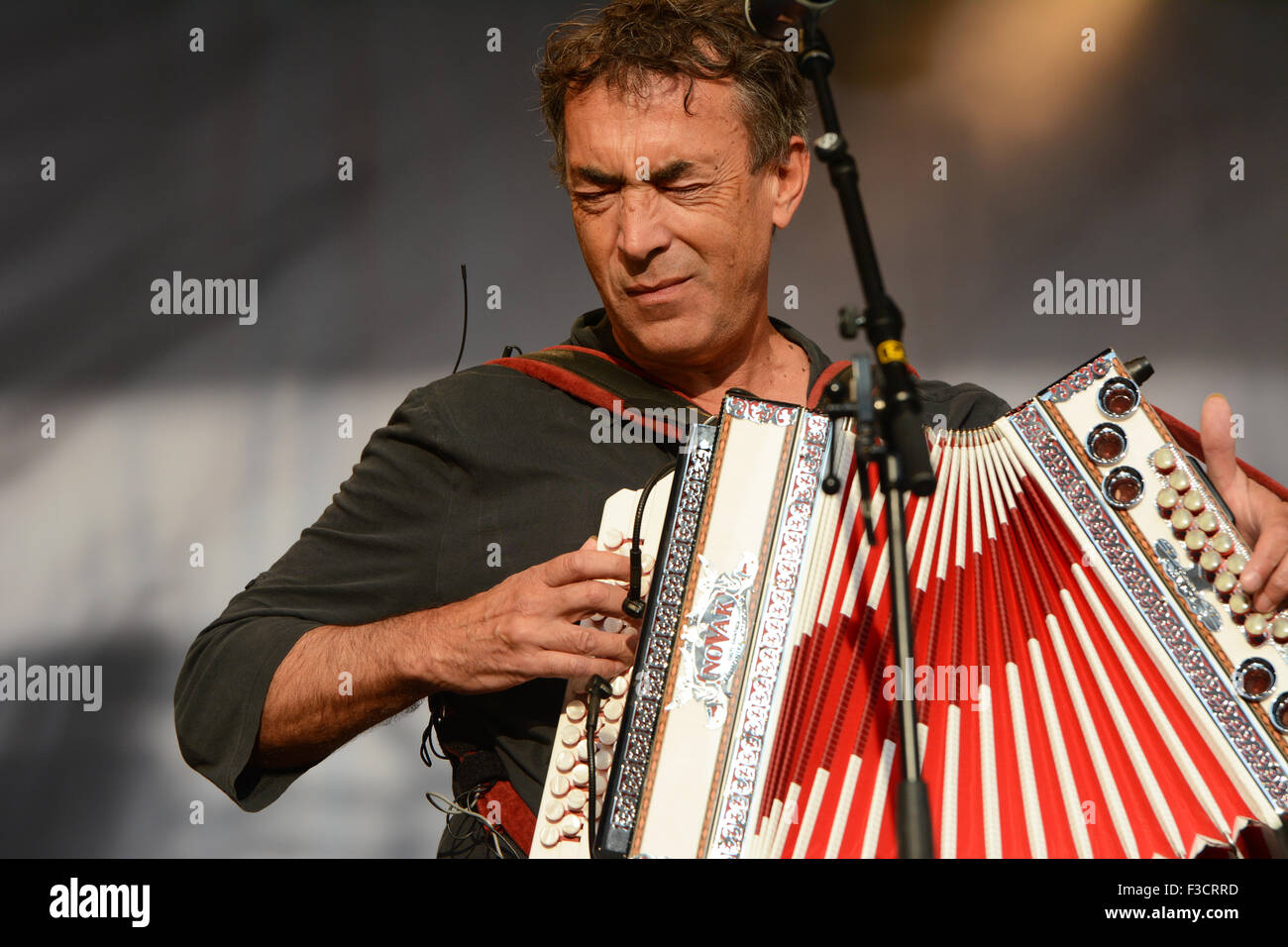 Austrian musician Hubert von Goisern performs live on stage with the accordion in Salzburg, Austria, on 28 June 2015 Stock Photo