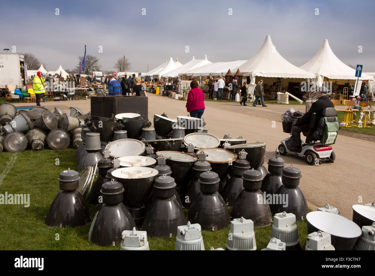 UK, England, Lincolnshire, Lincoln, Antiques Fair, old industrial lighting on sale Stock Photo