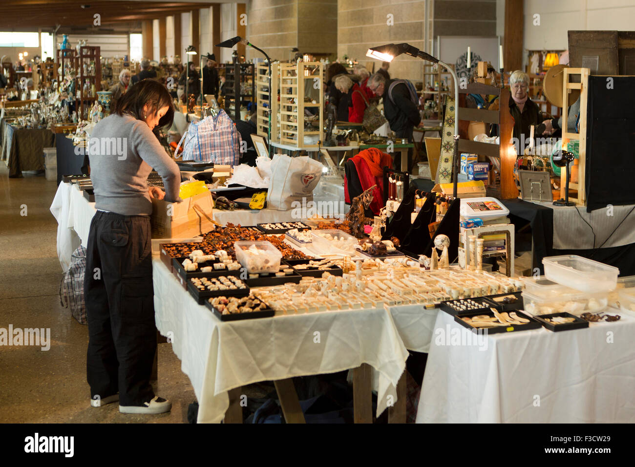 UK, England, Lincolnshire, Lincoln, Antiques Fair Indoor Hall, stallholder setting out stock Stock Photo