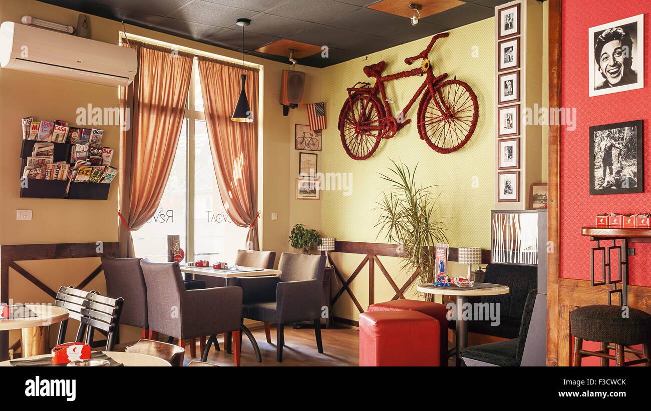 Cacak, Serbia - August 29, 2015: Interior design of a cafe. Retro style with modern approach. Stock Photo