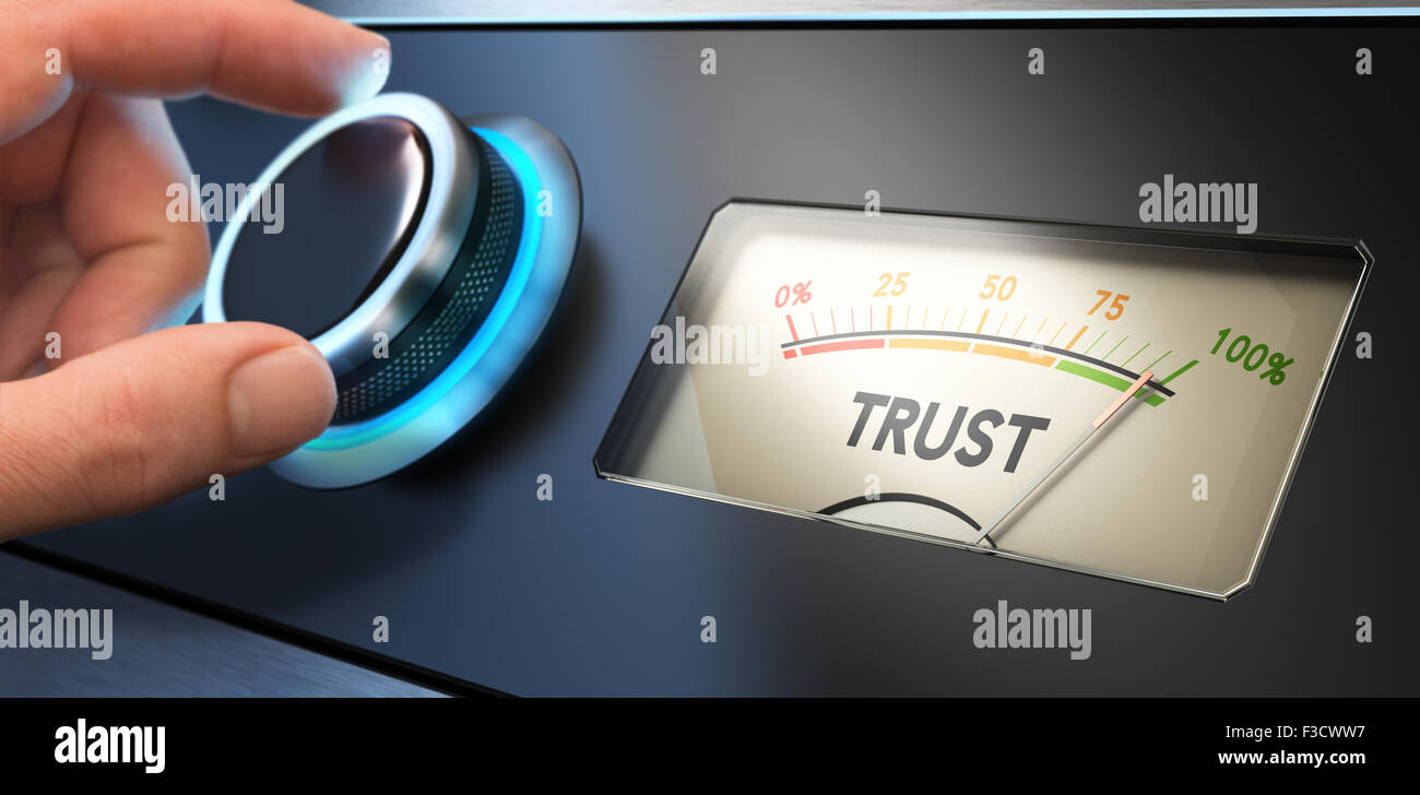 Hand turning a knob up to the maximum, Concept image for illustration of trust in business. Stock Photo