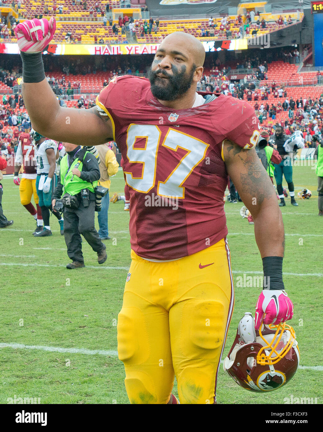 Washington Redskins defensive end Jason Hatcher (97) leaves the field