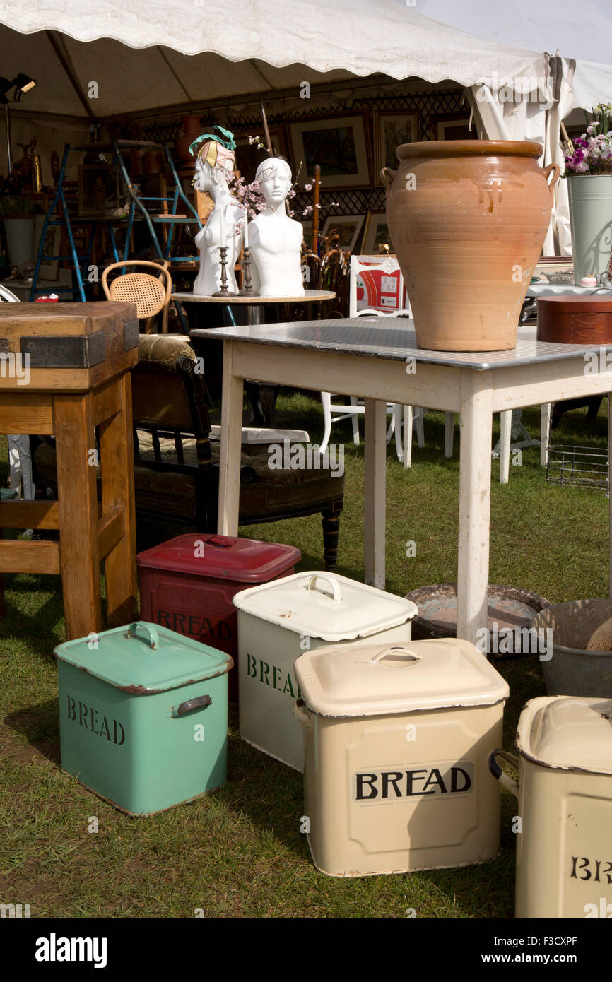 UK, England, Lincolnshire, Lincoln, Antiques Fair, enamel bread bins Stock Photo