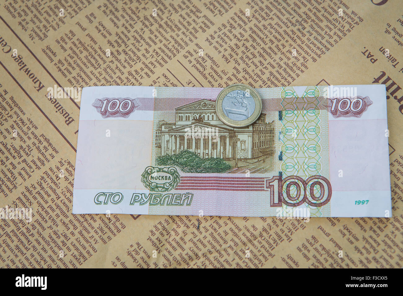 Rubla Ruseasca European coin on the russian ruble banknotes Stock Photo - Alamy