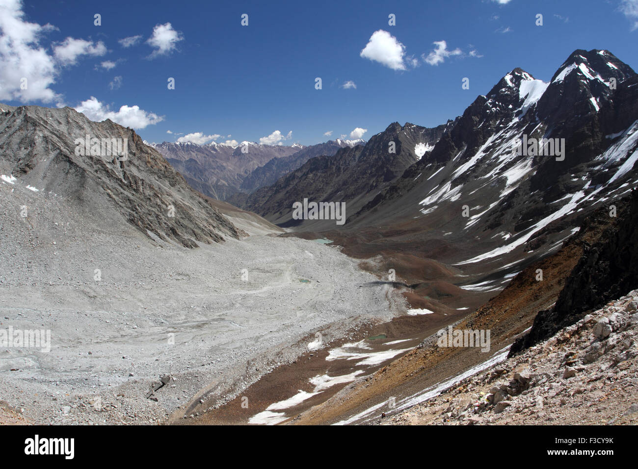 View from Charang La Pass in Himachal Pradesh in India on the route of Kinner Kailash Parikrama. Stock Photo