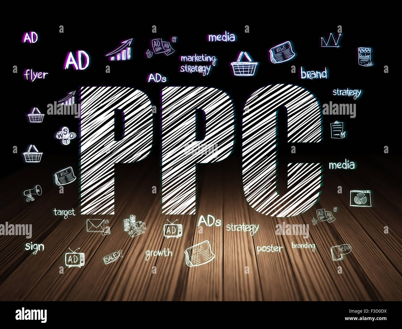 Advertising concept: Glowing text PPC, Hand Drawn Marketing Icons in ...