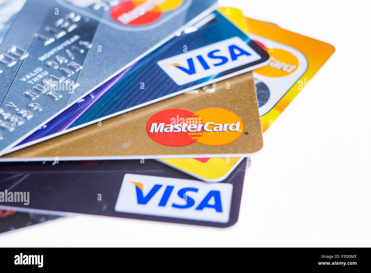 Samara, Russia- 3 February 2015: Closeup studio shot of credit cards issued by the three major brands American Express, VISA and Stock Photo