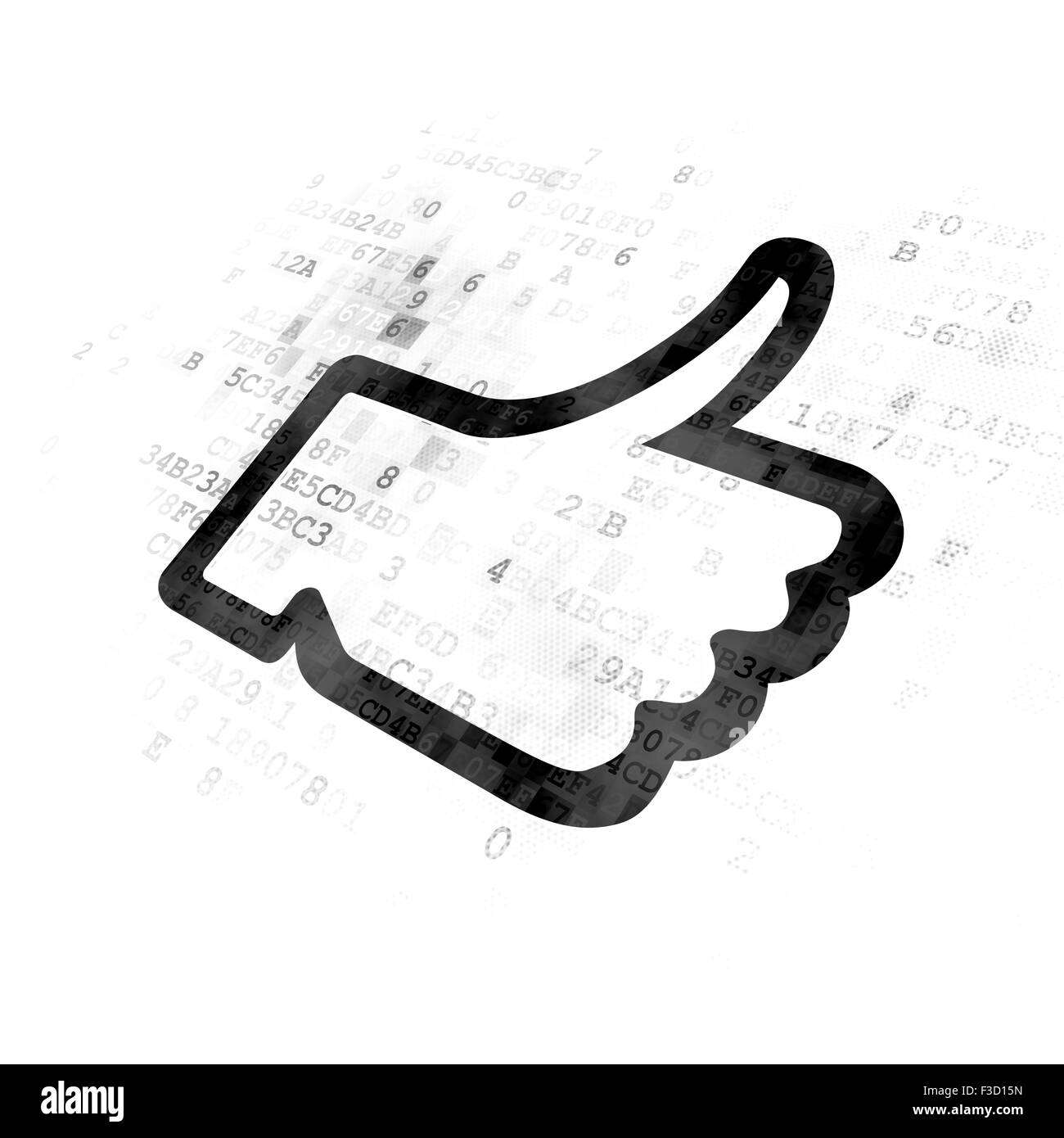 Social network concept: Pixelated black Thumb Up icon on Digital background Stock Photo