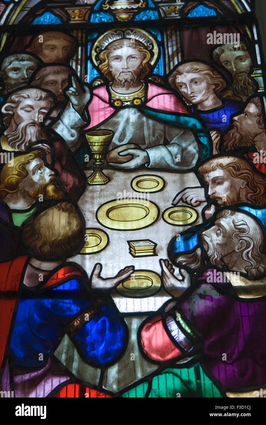Modern stained glass window of Christ at The Last Supper in St Marys Church Bumpstead, Essex, England 2nd October 2015.  HOMER SYKES Stock Photo