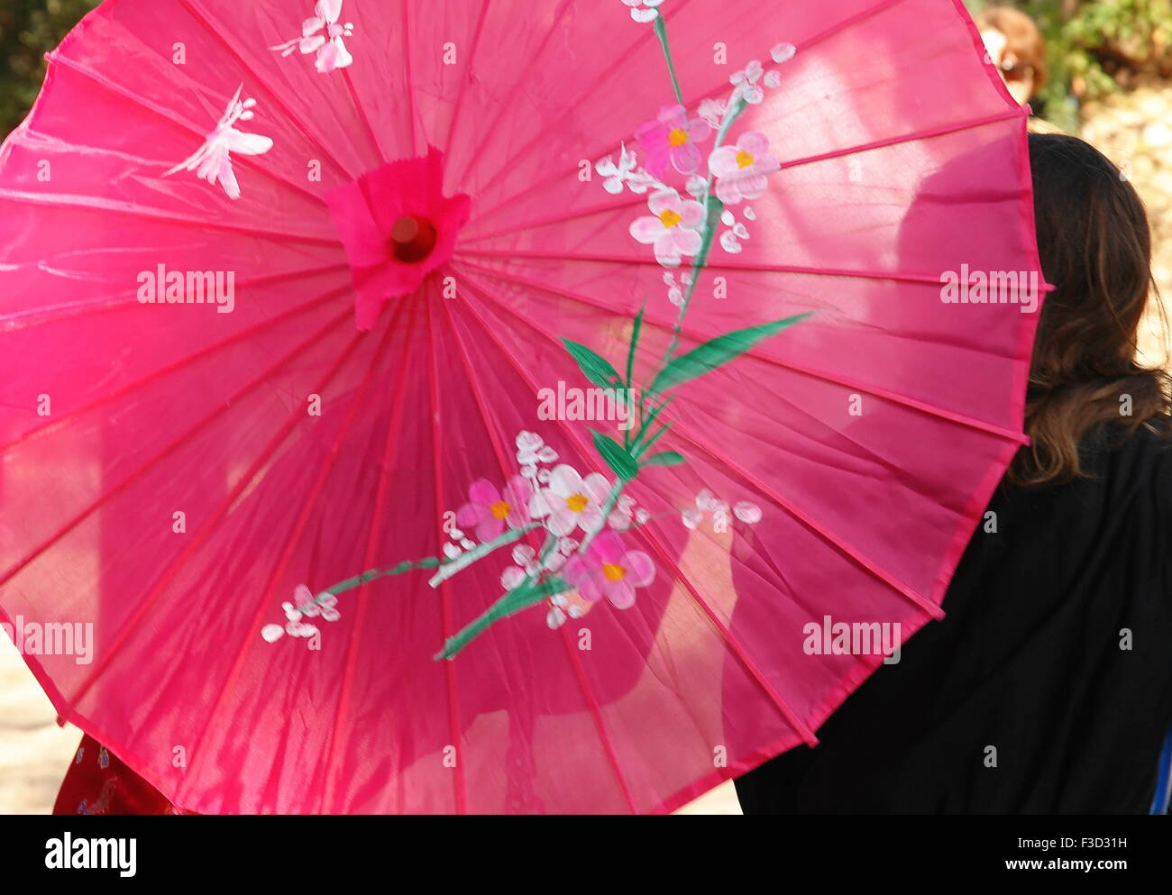 A pink japanese style umbrella protects tow young women from sun Stock Photo