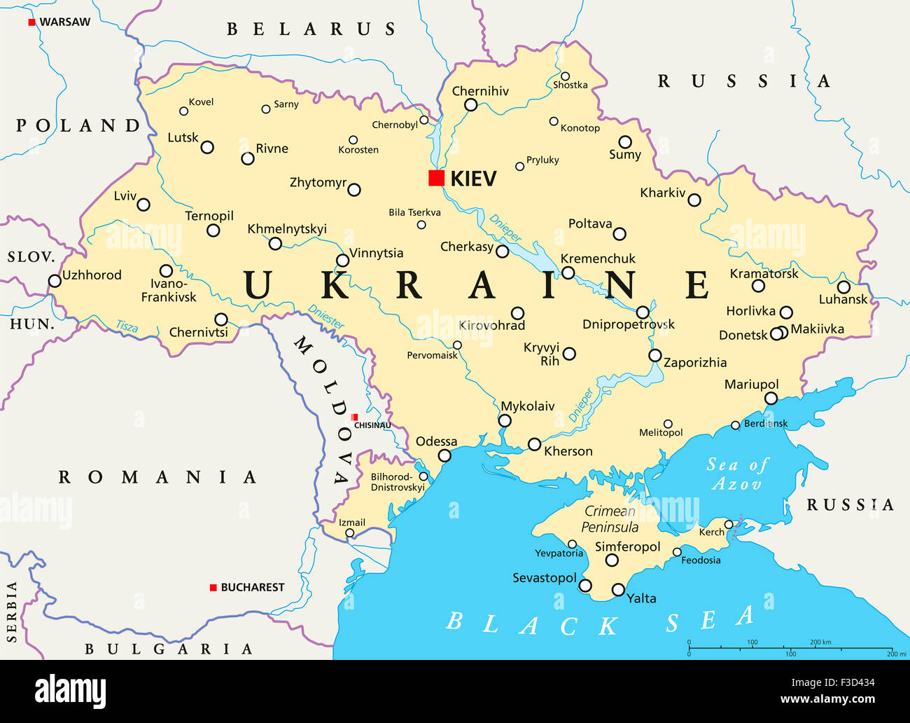 Ukraine political map with capital Kiev, national borders, important cities, rivers and lakes. English labeling and scaling. Stock Photo