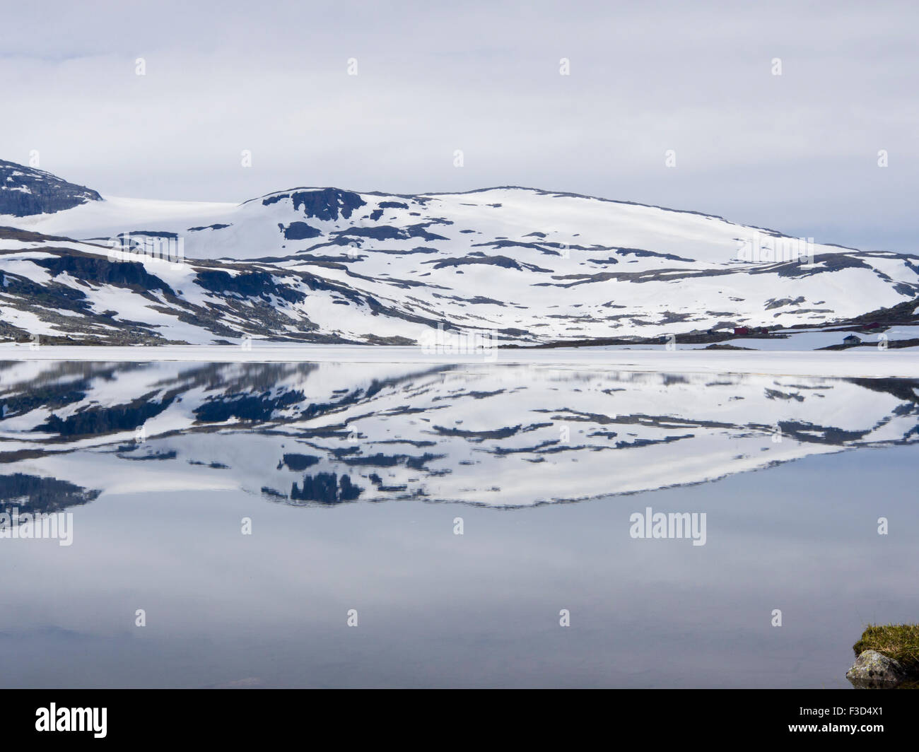 Norwegian mountain panorama, Finse lake, Hardangervidda Norway, some ice and snow in summer,reflections Stock Photo
