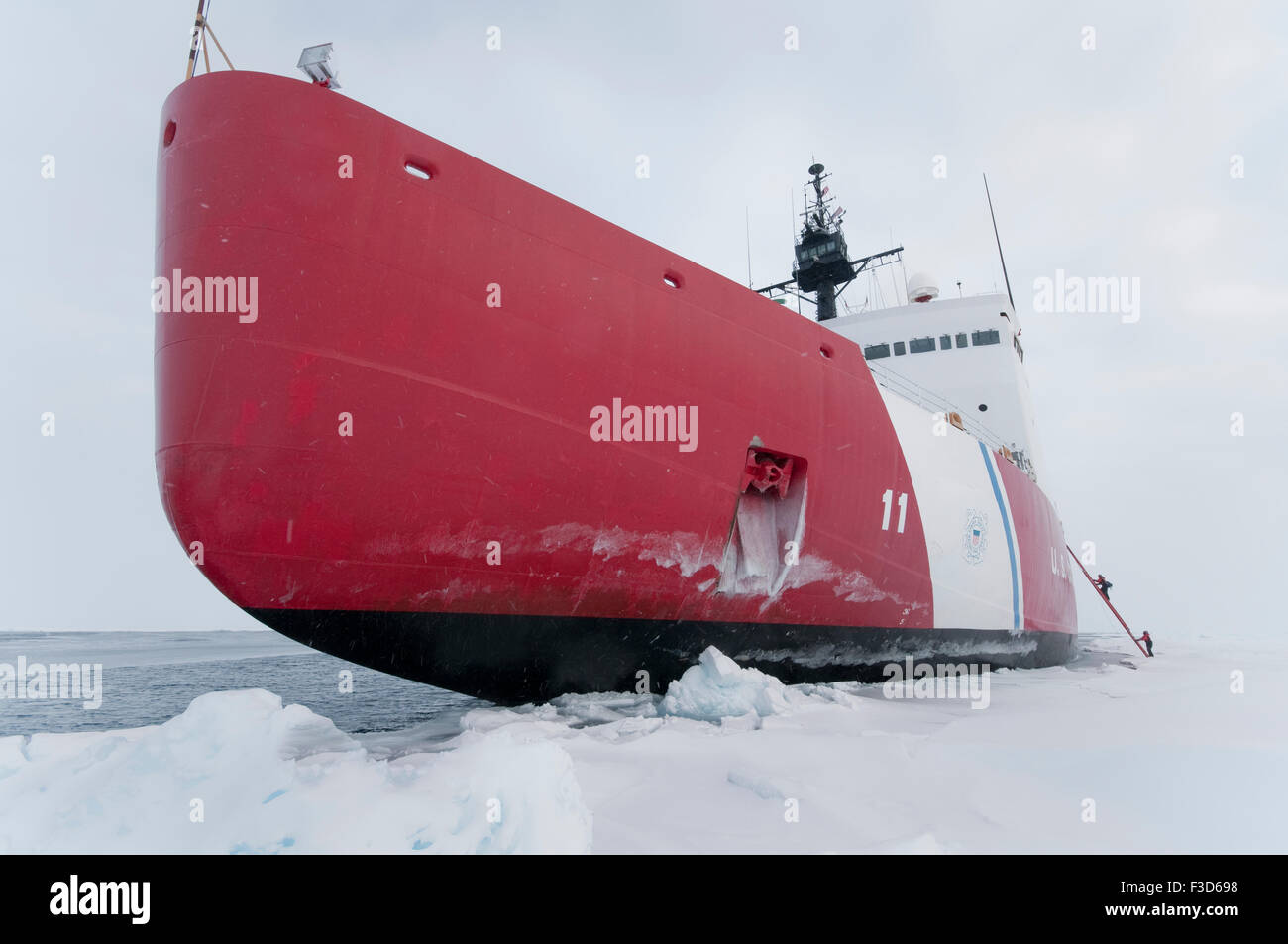 Scientists climb the ladder to the Polar Sea icebreaker while working in the Arctic Ocean. Stock Photo