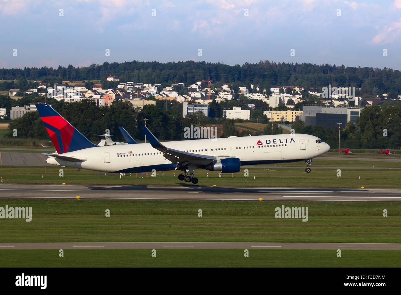 ZURICH - JULY 18: Boeing-757 Delta landing in Zurich after long haul flight on July 18, 2015 in Zurich, Switzerland. Zurich airp Stock Photo