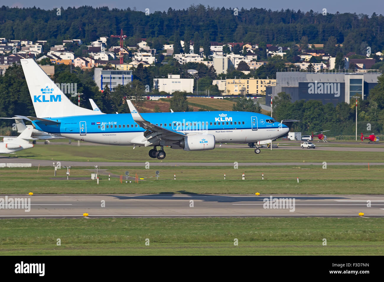 ZURICH - JULY 18: Boeing-737 KLM landing in Zurich after short haul flight on July 18, 2015 in Zurich, Switzerland. Zurich airpo Stock Photo