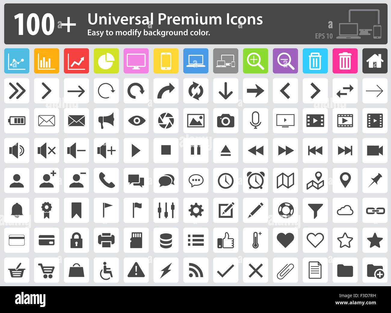 Set of 100+ Universal Premium Icons. Easy to modify the background color. Media Icons, Web Icons, Arrow Icons, Settings Icon, Sh Stock Vector