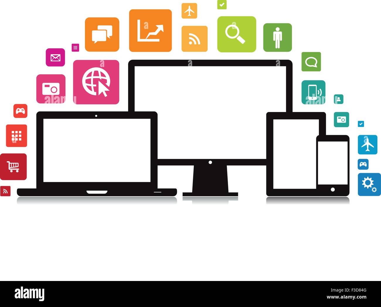 This image is a vector file representing a set of media technology devices with app icons. Stock Vector