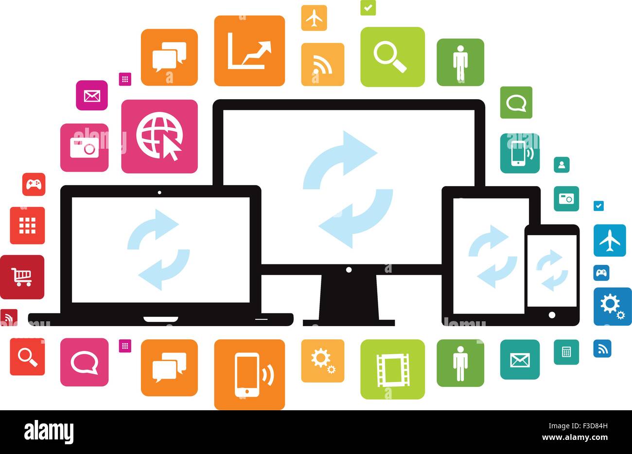 This image is a vector file representing a set of media technology devices with app icons. Stock Vector