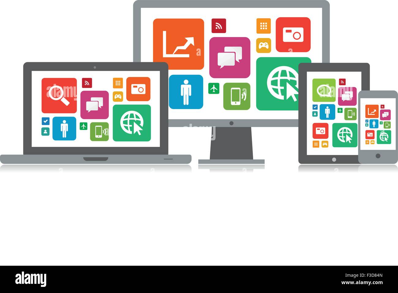 This image is a vector file representing a set of media technology devices with app icons. Stock Vector