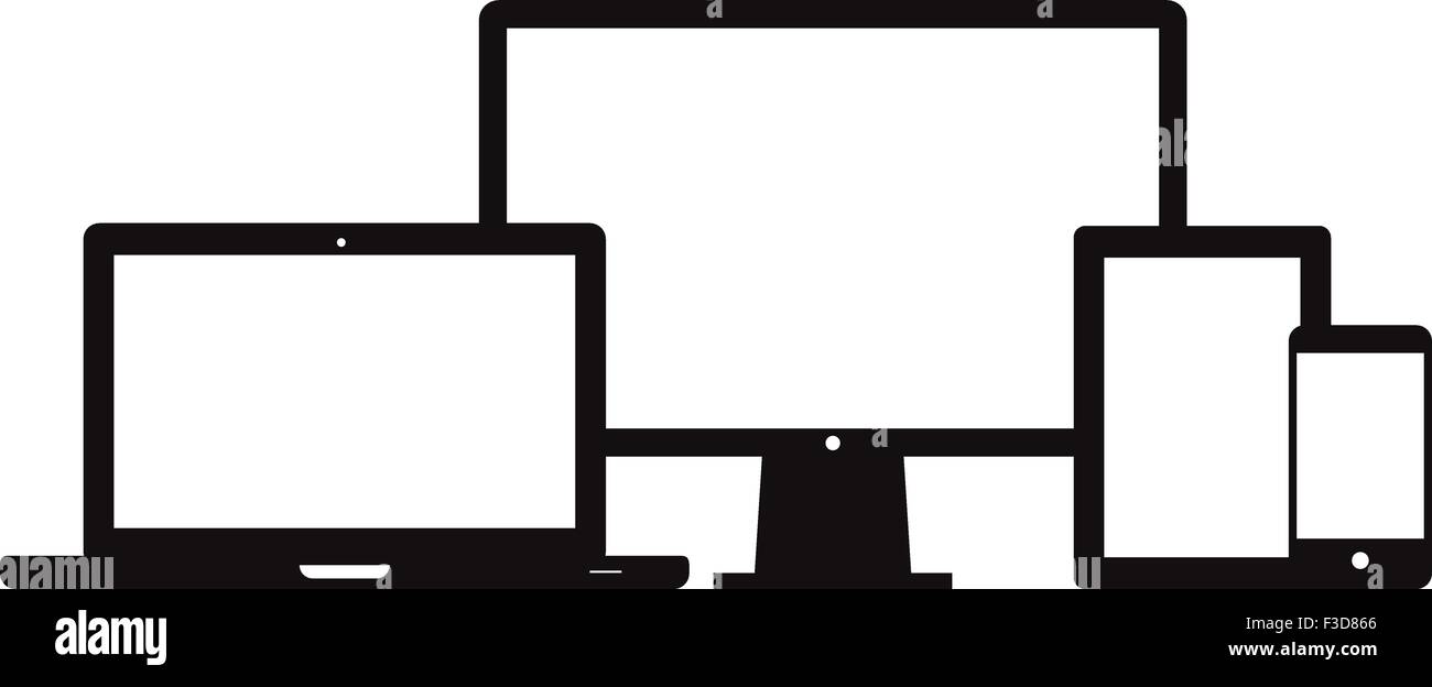 This image is a vector file representing a set of electronic devices. Smart Phone Tablet Laptop Desktop. Stock Vector