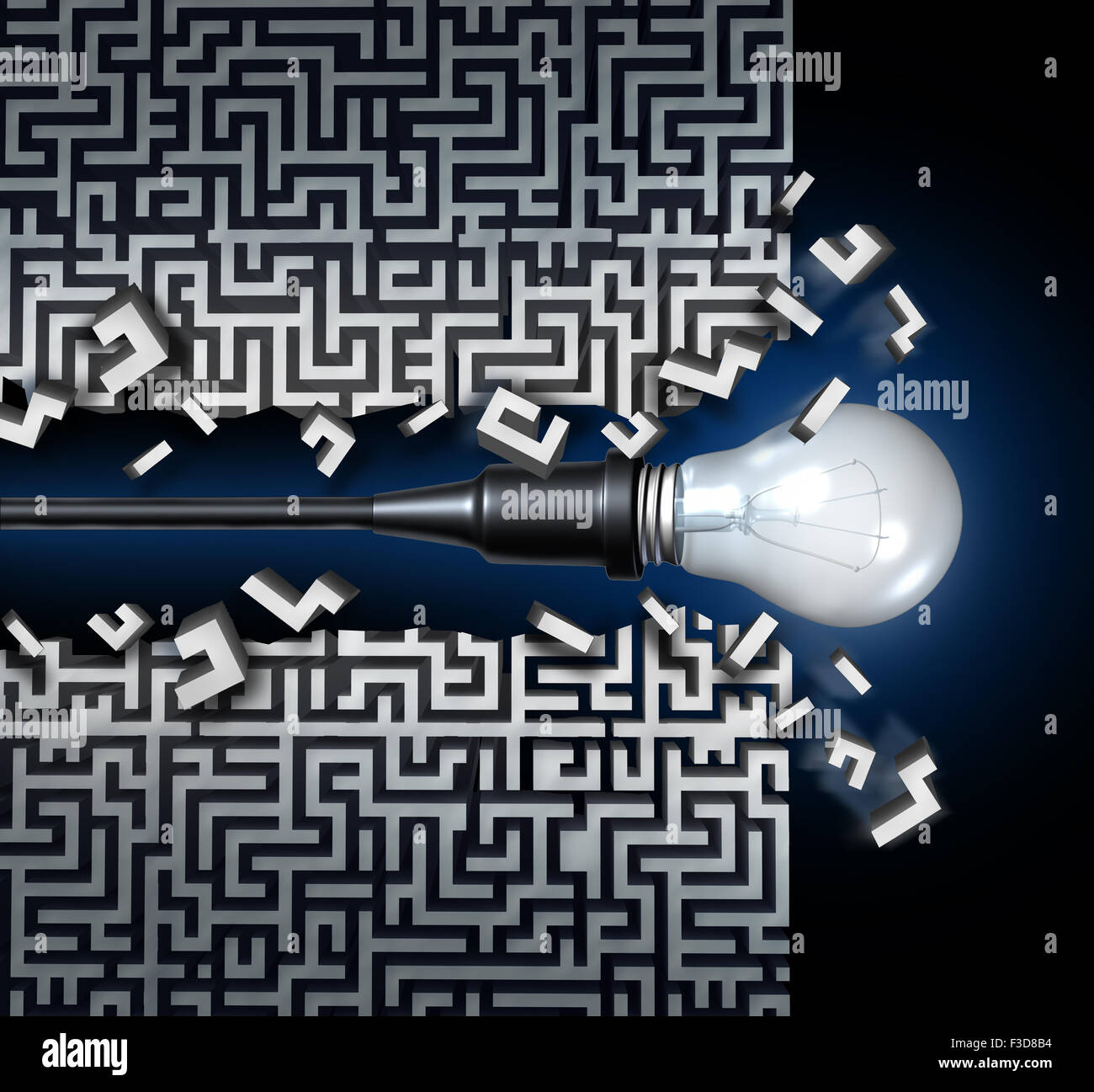 Innovative idea solution concept and new thinking business symbol as a light bulb breaking through a maze or labyrinth as an icon for innovation and invention. Stock Photo