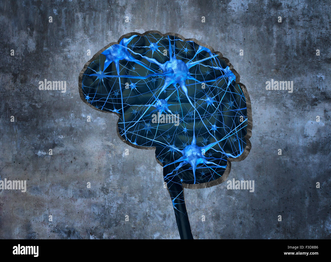 Inside human neurology research concept examining the mind of a human to heal memory loss or cells due to dementia and other neurological diseases as a hole shaped as a brain in a cement wall with neurons. Stock Photo