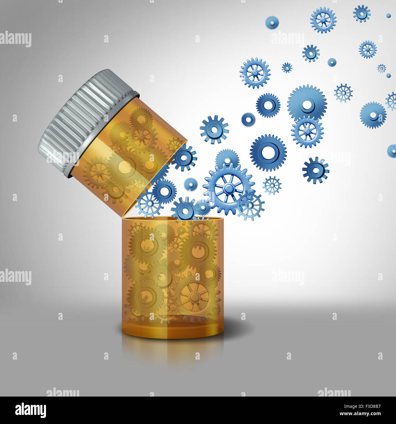Pharmaceutical industry concept and precription drugs business symbol as an open pill bottle with gears and cog wheels flowing out as a metaphor for medication and medicine inner workings. Stock Photo