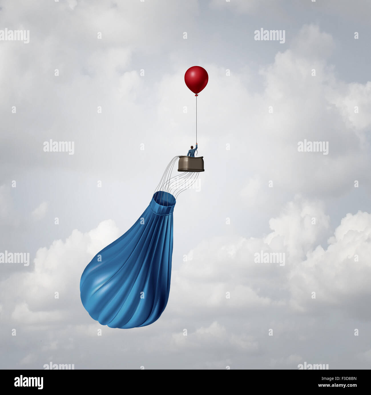 Emergency business plan and crisis management strategy metaphor as a businessman in a broken deflated hot air balloon being saved by a single small red party balloon as an innovative response solution idea. Stock Photo