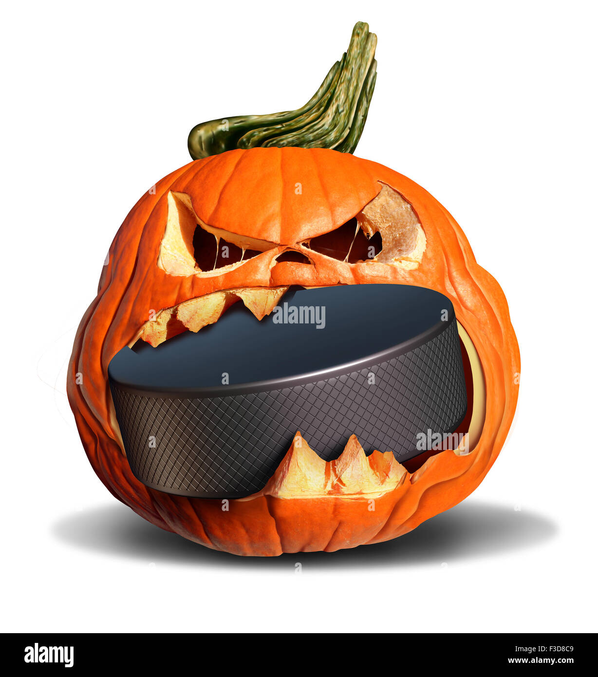 Hockey in autumn concept as a pumpkin jack o lantern biting into a hard ...