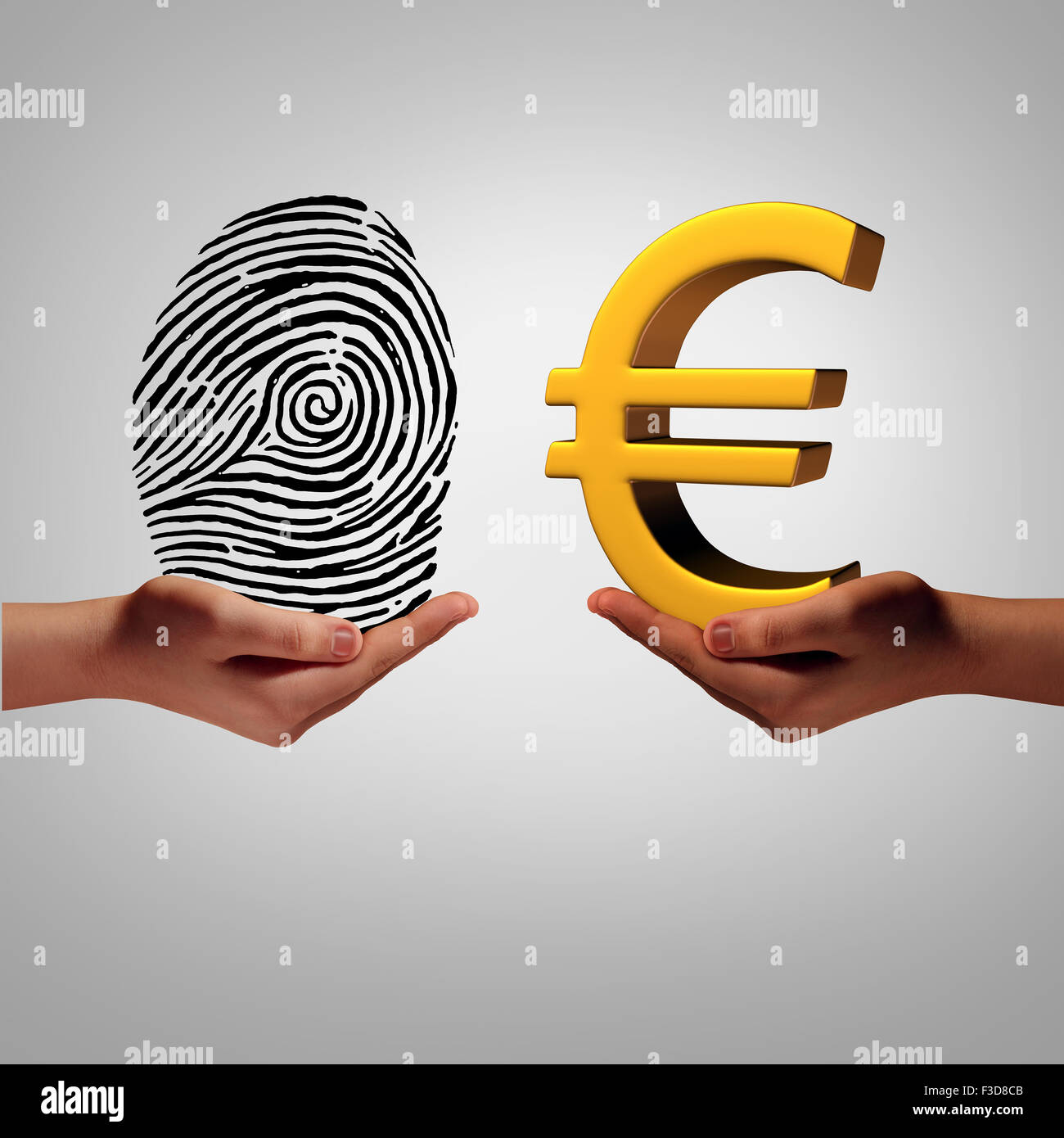 Europe information market and personal data brokering business concept buying and selling european information as a hand holding a finger print and another person with a euro symbol as a metaphor for a security identification access. Stock Photo
