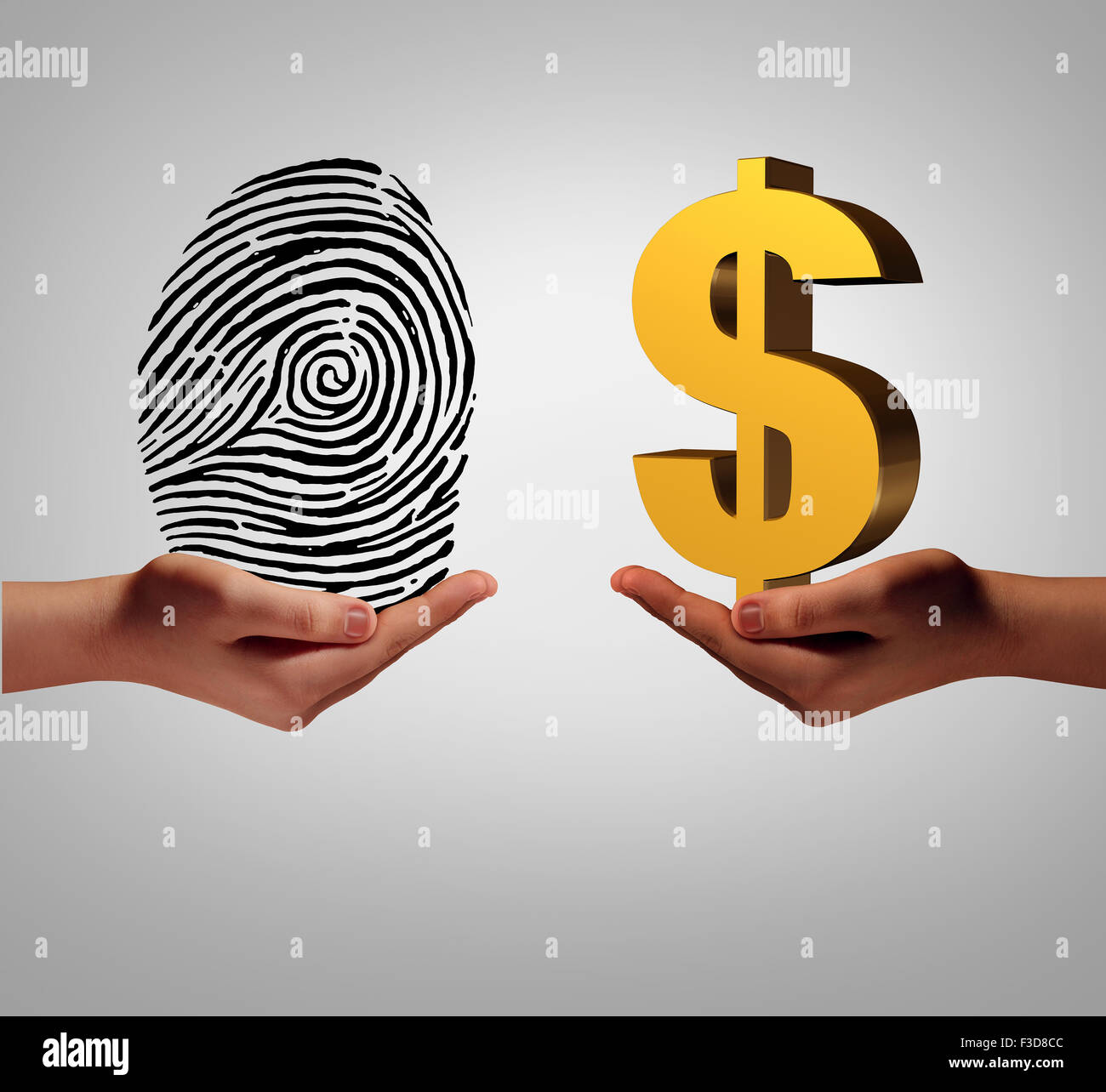 Personal data brokering business concept and buying and selling personal information as a hand holding a finger print and another person with a dollar symbol as a metaphor for a security identification access. Stock Photo