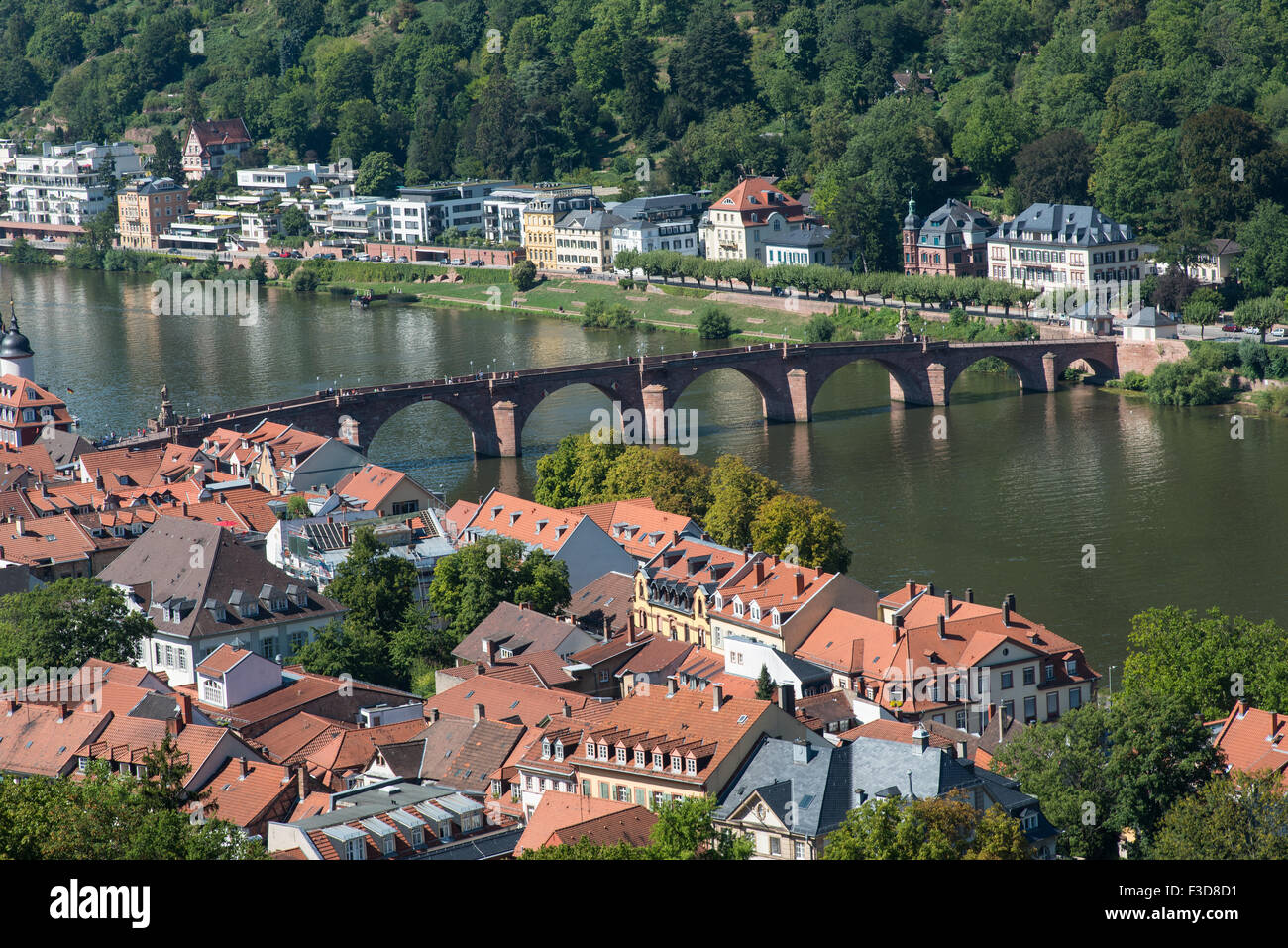 Cityscape of the historical town of Heidelberg in Germany from the castle hill with view of the Alte Bruecke, old bridge. Stock Photo
