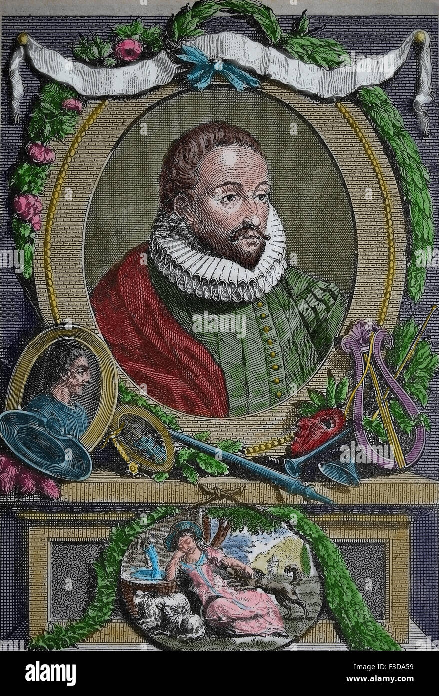 Miguel de Cervantes (1547-1616). Spanish writer. Engraving. 19th century. Color. Stock Photo
