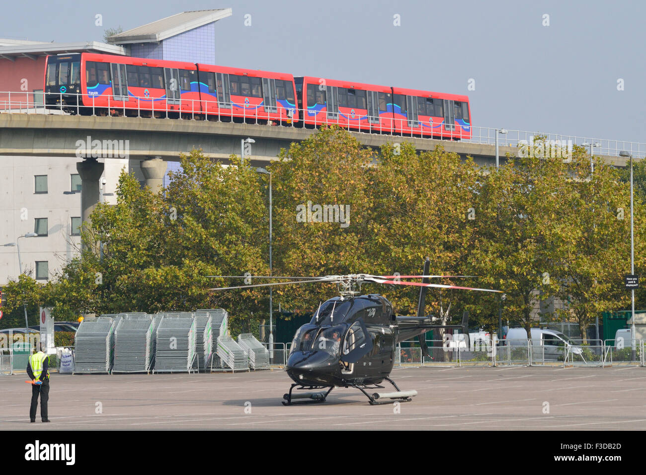 Bell 429 Global Ranger F-HPBH operated by Heli Securite helicopter airline comes in to land at London's Excel exhibition centre Stock Photo