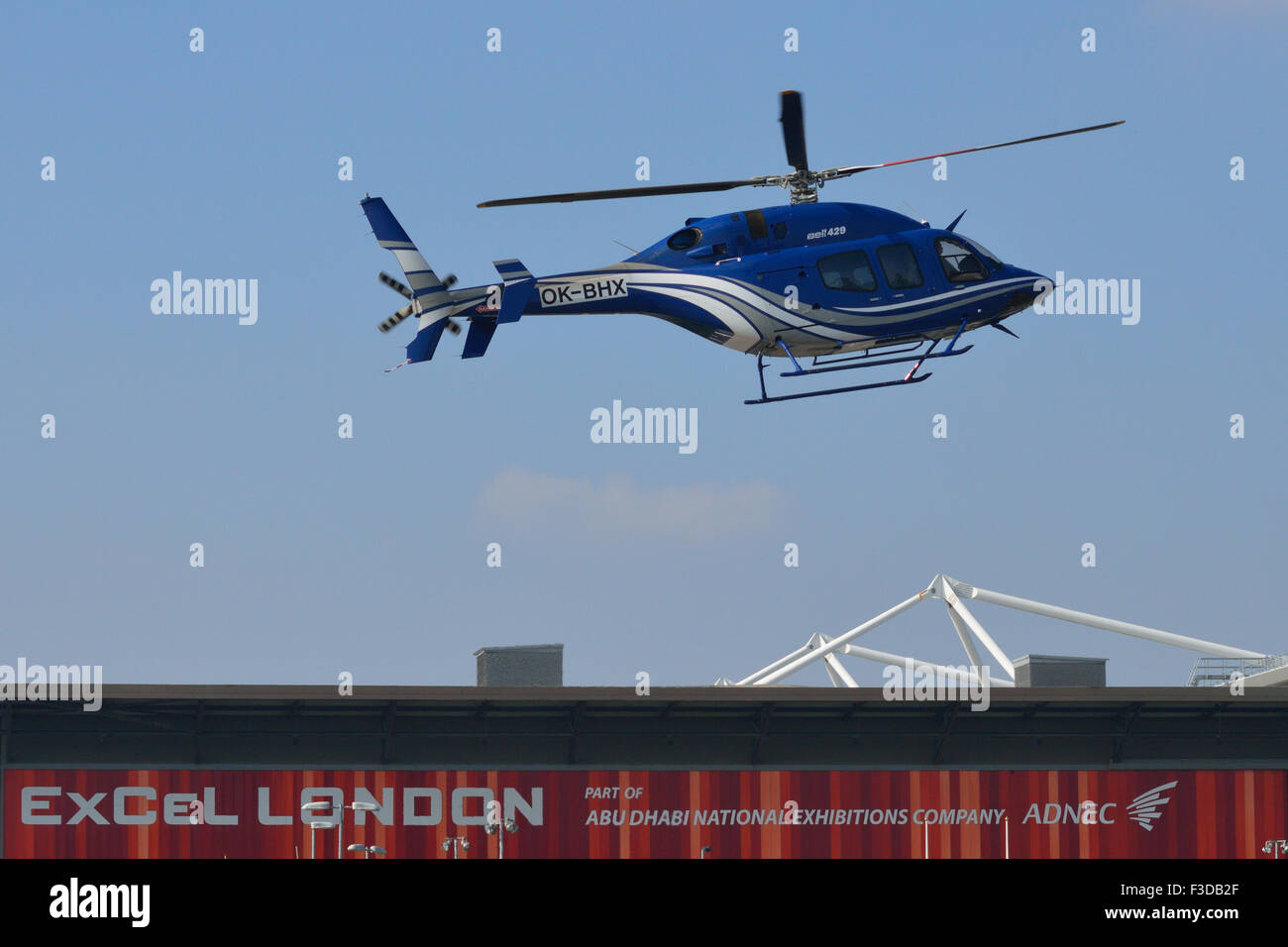 Bell 429 Global Ranger OK-BHX operated by Bell Helicopters comes in to land at London's Excel exhibition centre to participate i Stock Photo