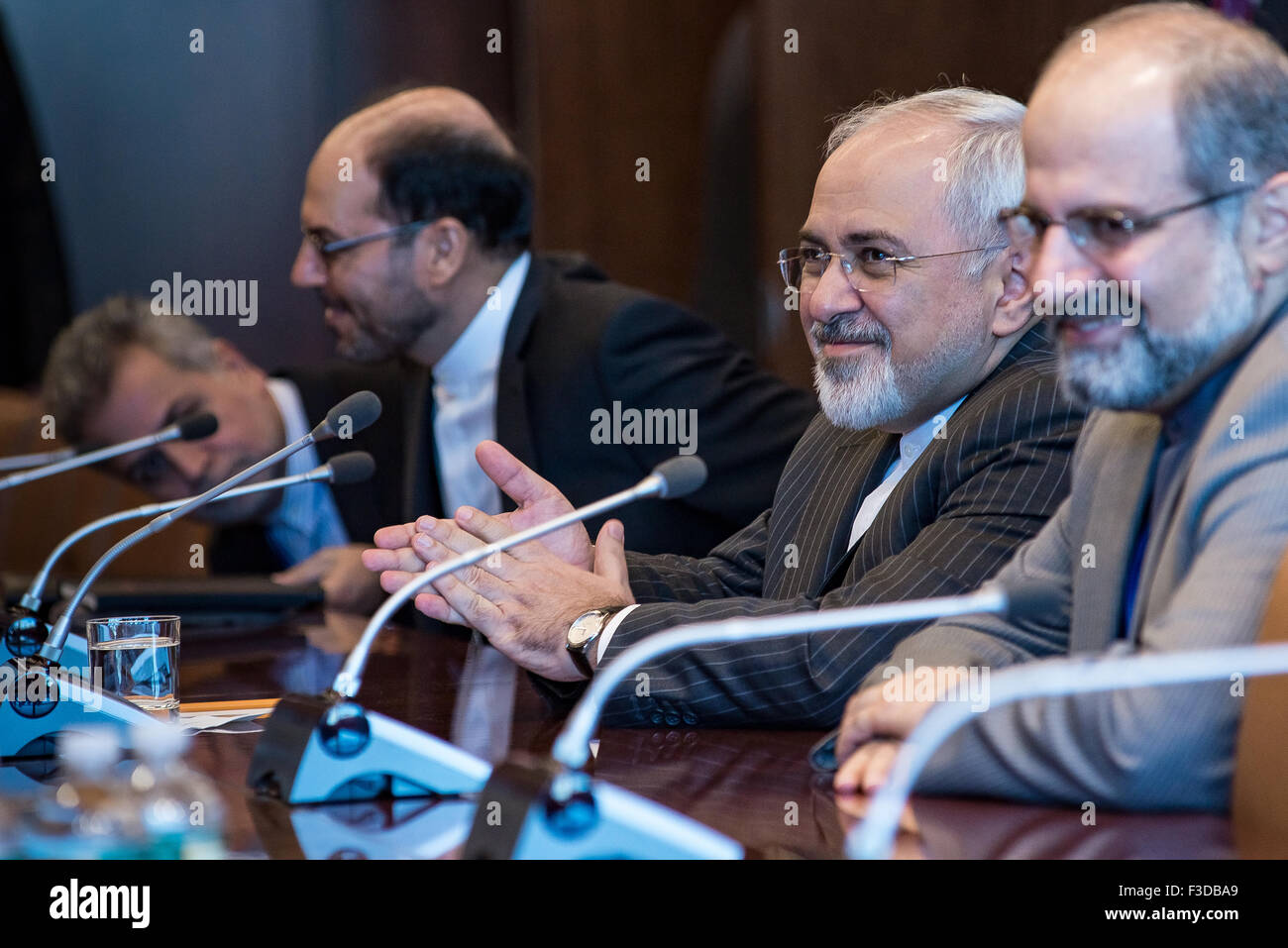 New York, United States. 05th Oct, 2015. Iranian Foreign Minister Javad Zarif sits at the Secretary-General's conference table. Secretary-General Ban Ki-moon greets Iranian Foreign Minister Javad Zarif. © Albin Lohr-Jones/Pacific Press/Alamy Live News Stock Photo