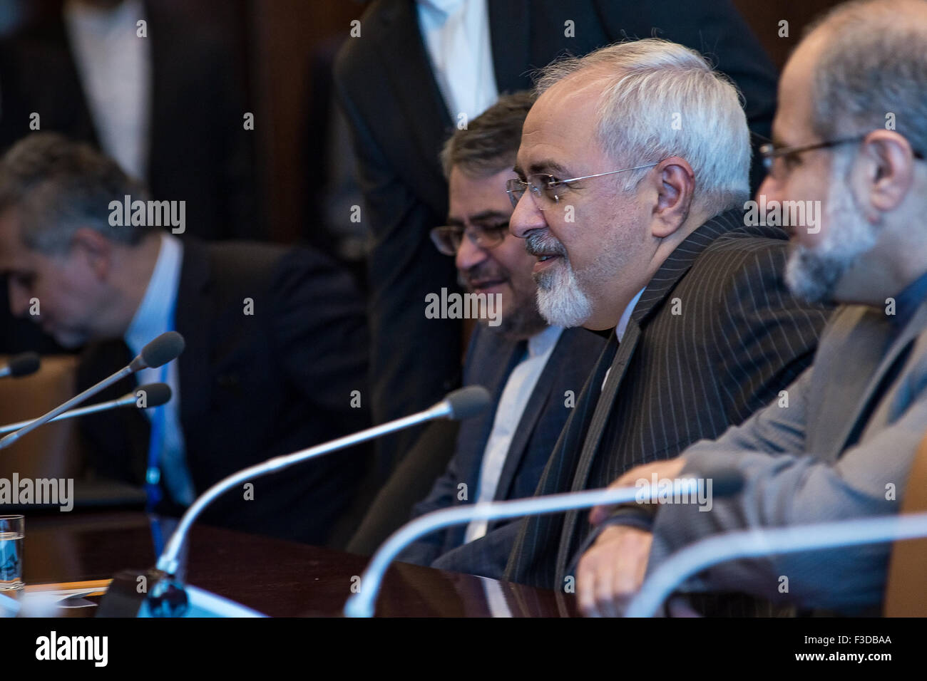 New York, United States. 05th Oct, 2015. Iranian Foreign Minister Javad Zarif sits at the Secretary-General's conference table. Secretary-General Ban Ki-moon greets Iranian Foreign Minister Javad Zarif. © Albin Lohr-Jones/Pacific Press/Alamy Live News Stock Photo