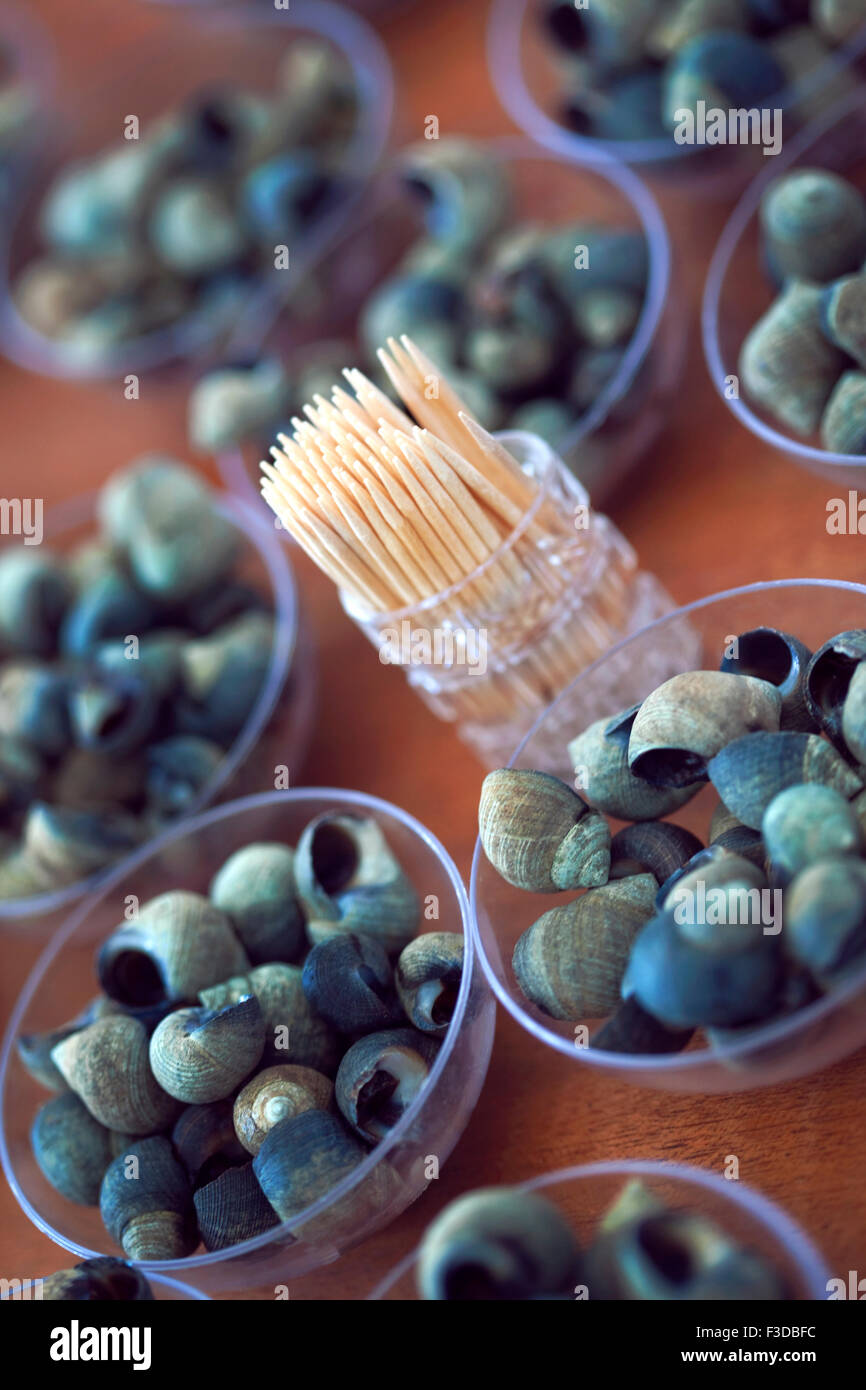 Periwinkles in plastic bowls on a table Stock Photo