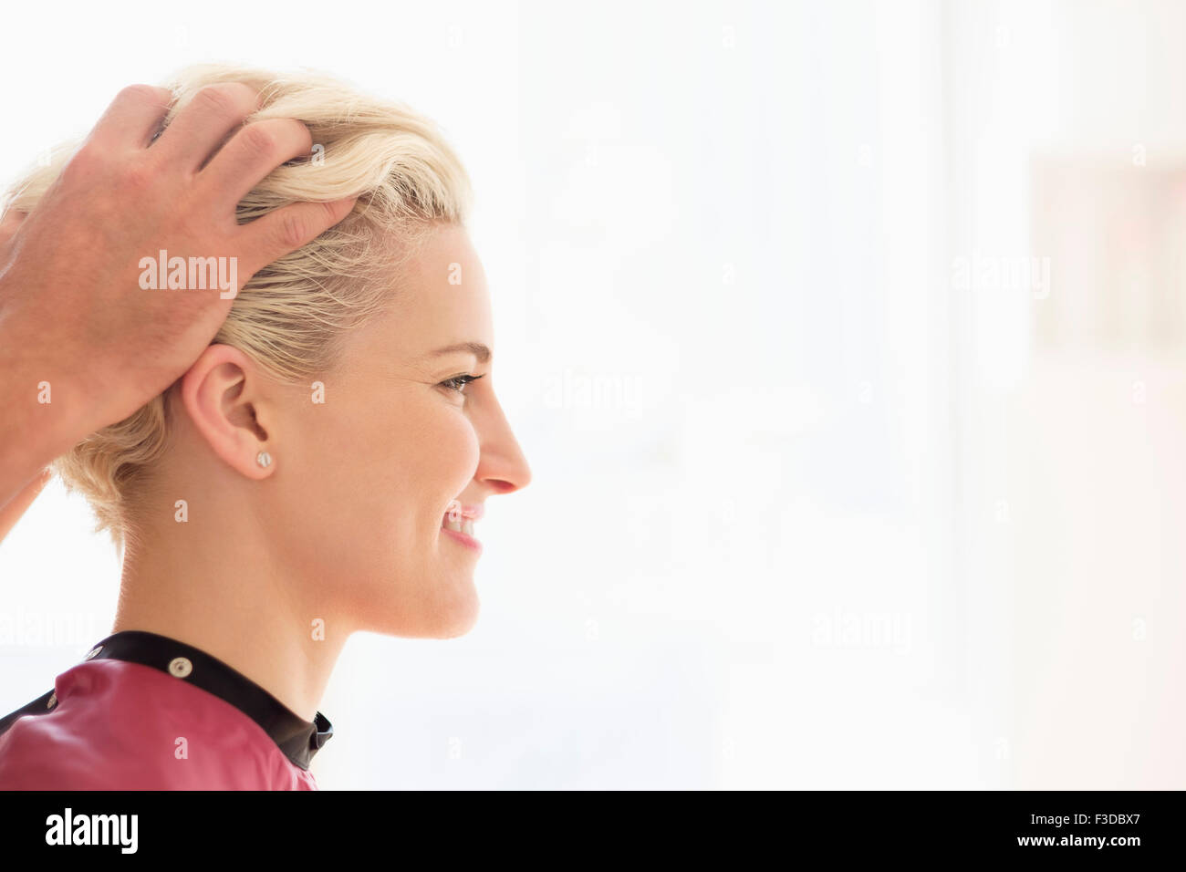 Hairdresser styling woman's hair Stock Photo