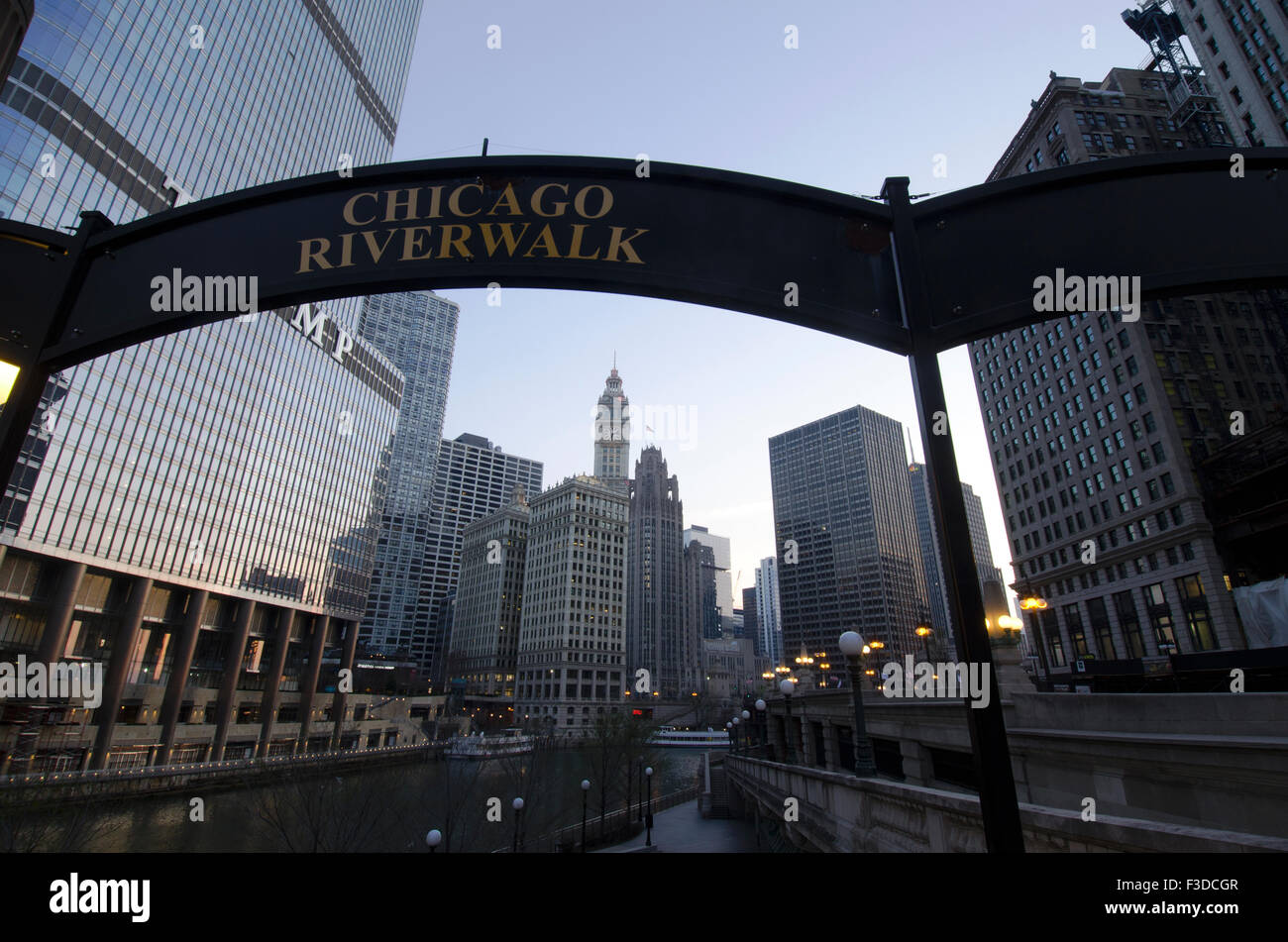 Sign on Chicago Riverwalk against sky Stock Photo