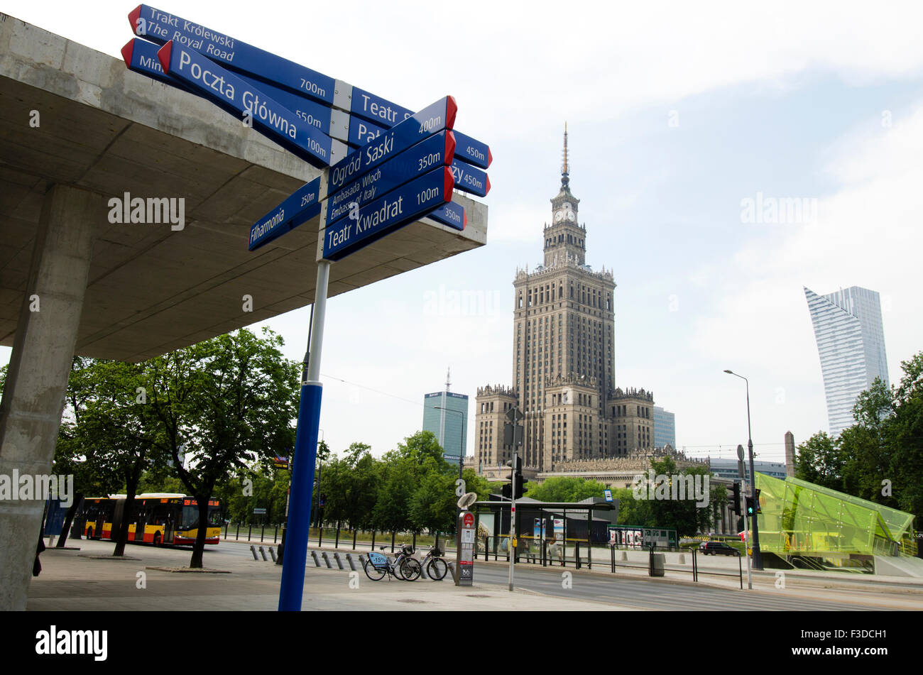 Sign post with Palace of Culture and Science in background Stock Photo