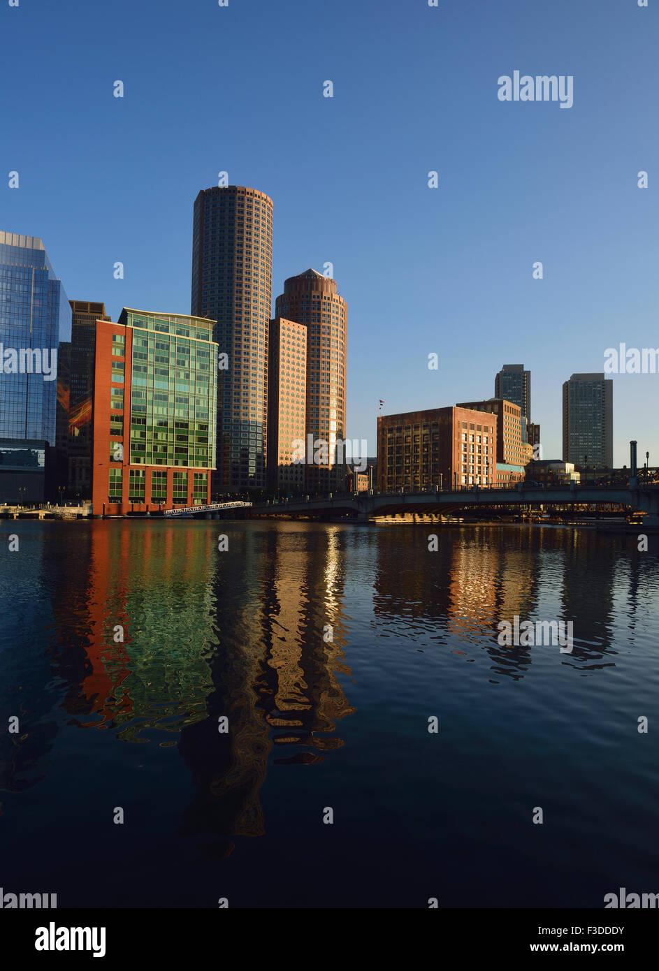 View of buildings in Fort Point Channel in morning Stock Photo