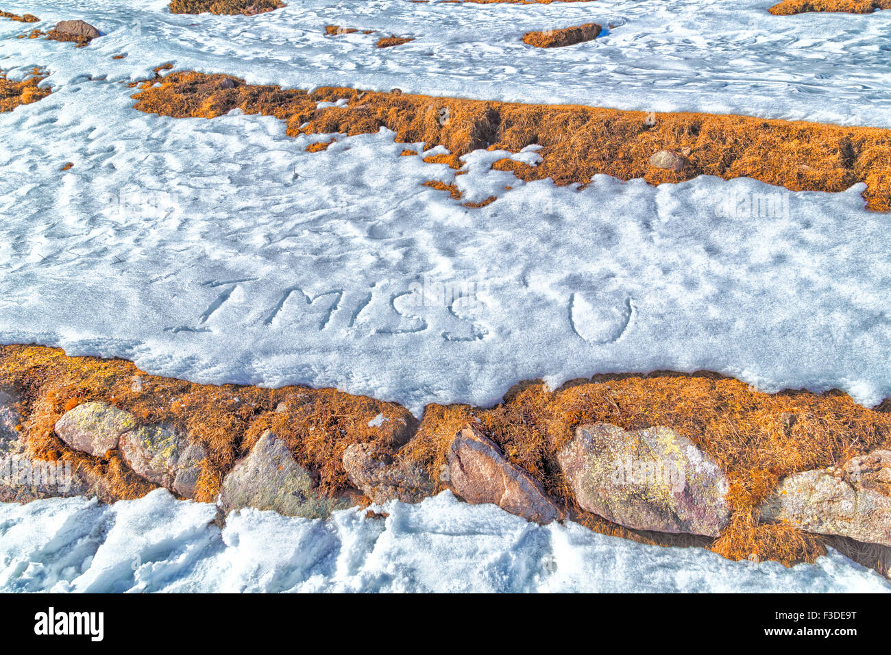 I miss U, sentence written in capital letters on frozen white snow