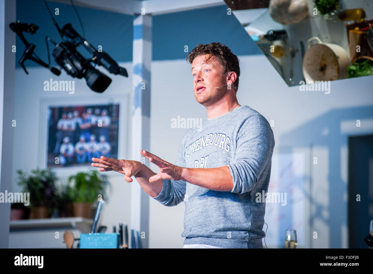 Jamie Oliver asking for public support for his Sugar Tax campaign   Big Feastival, Kingham, Cotswolds,UK Stock Photo