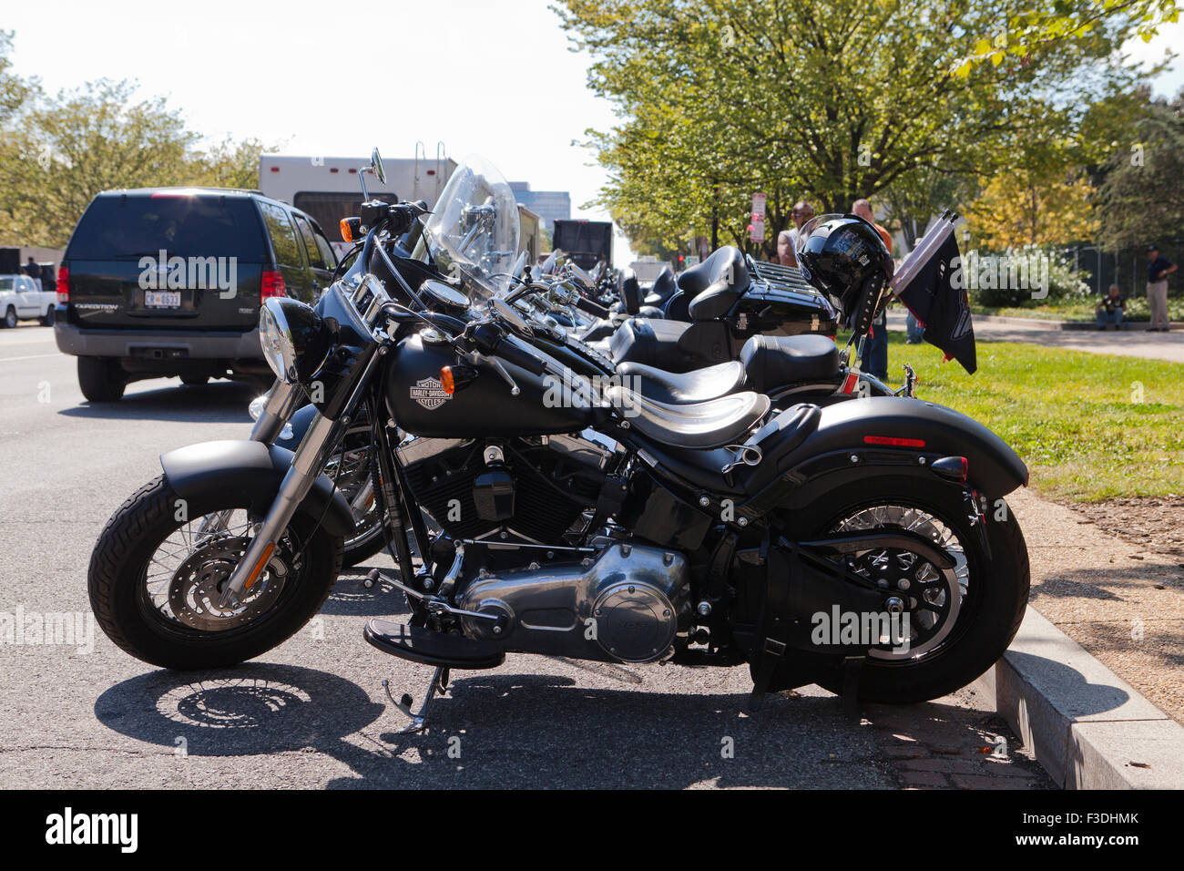 Harley Davidson motorcycles parked - USA Stock Photo