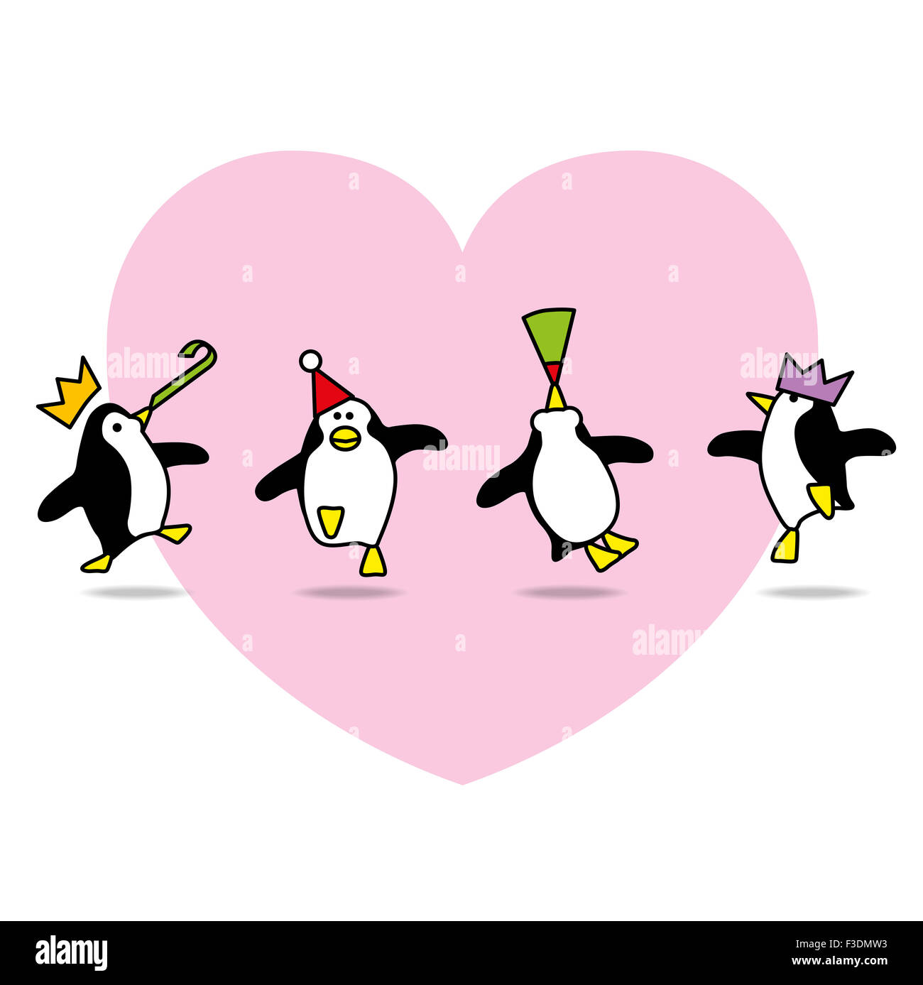 Four Happy Penguins in Party Hats Dancing in front of Pink Heart on White background Stock Photo