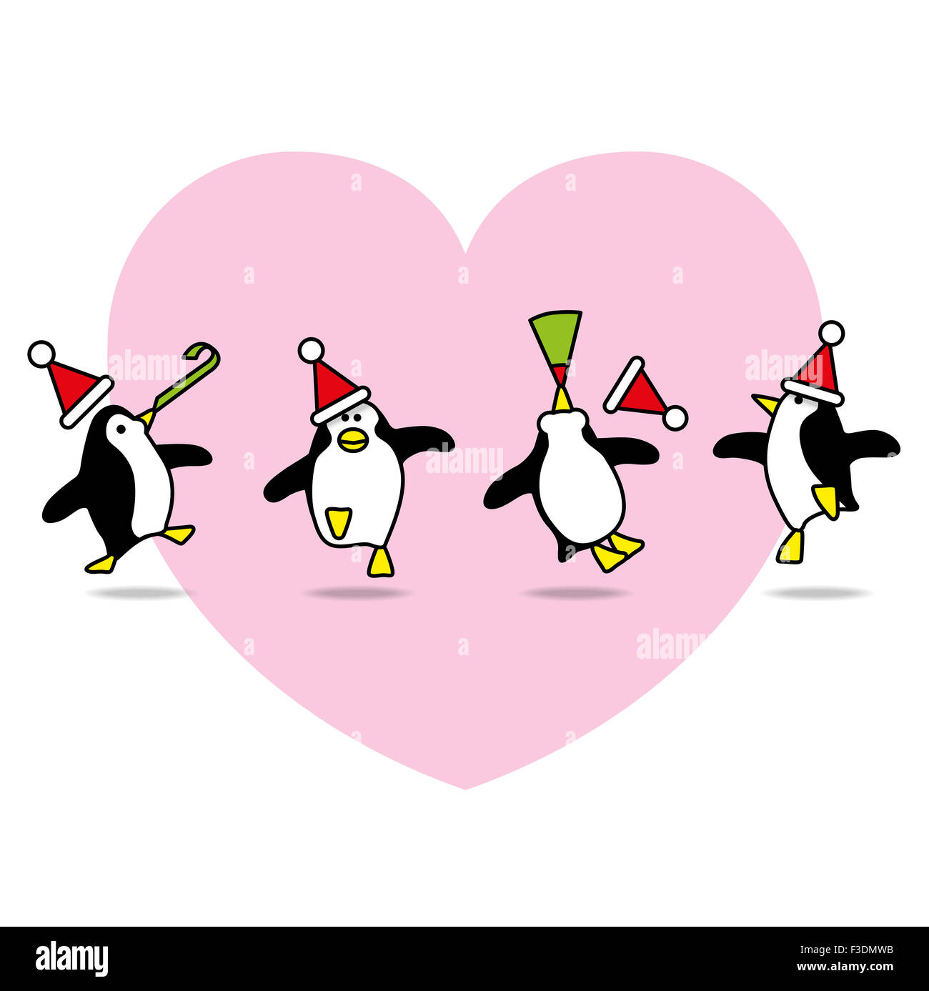 Four Happy Penguins wearing Santa Hats Dancing On Pink Heart background Stock Photo
