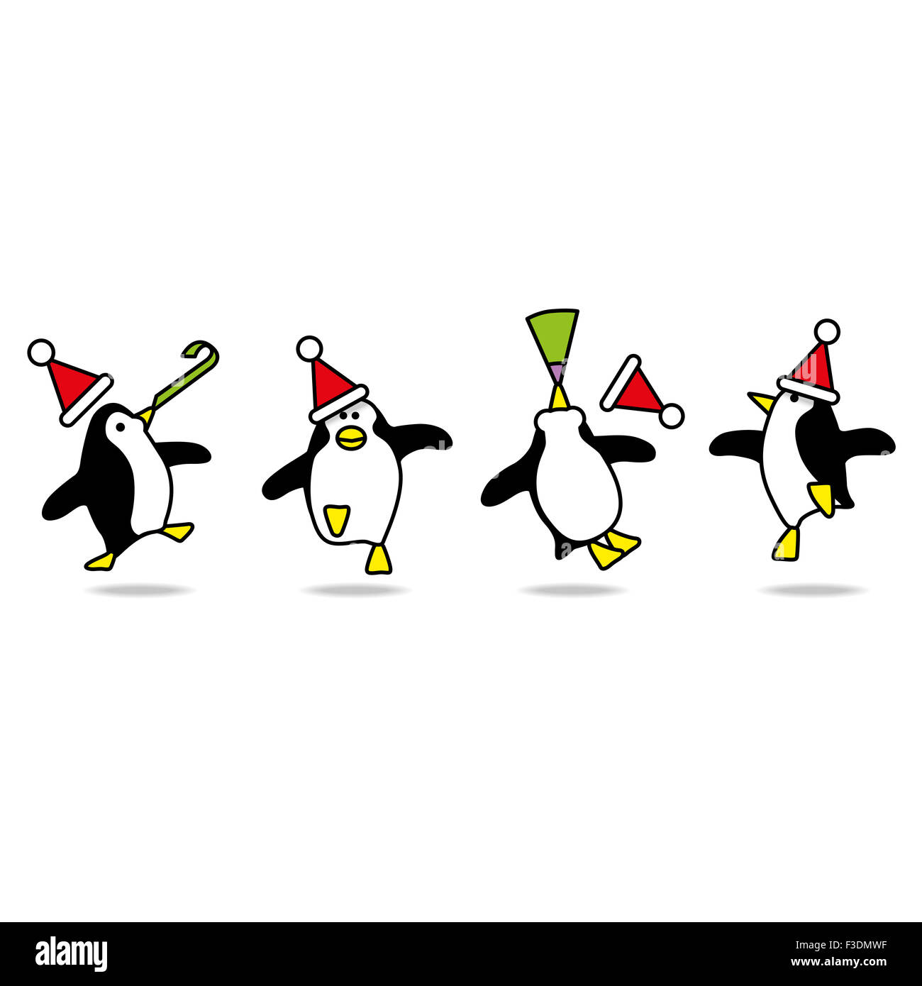 Four Happy Penguins wearing Santa Hats Dancing at fun Party Stock Photo