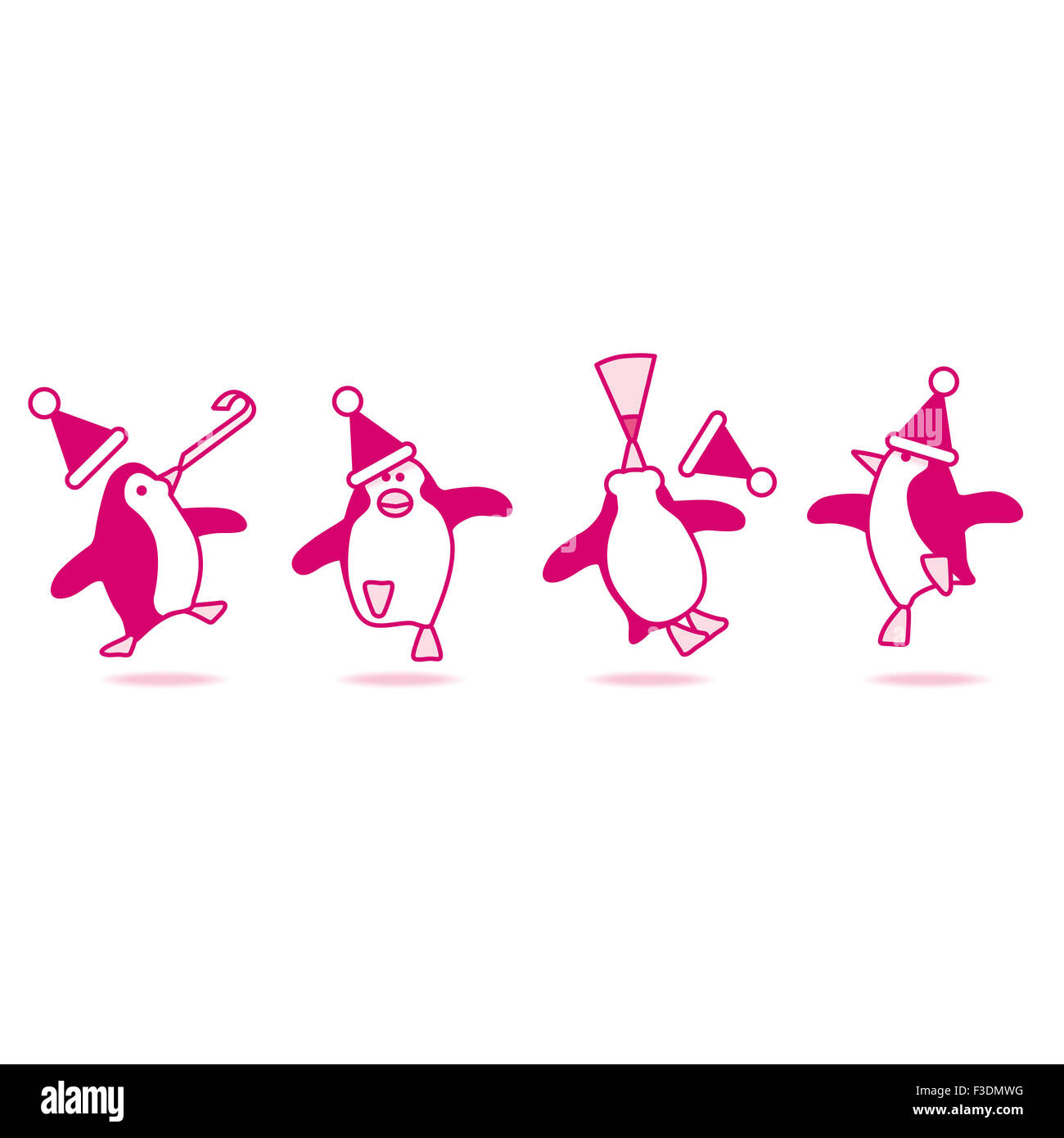 Four Happy Pink Penguins wearing Santa Hats Dancing at fun Party Stock Photo